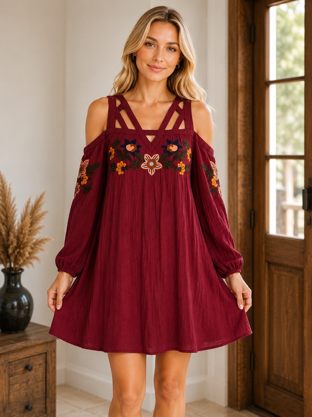THML Violetta Cold Shoulder Embroidered Dress Burgundy Boho Floral Size Medium